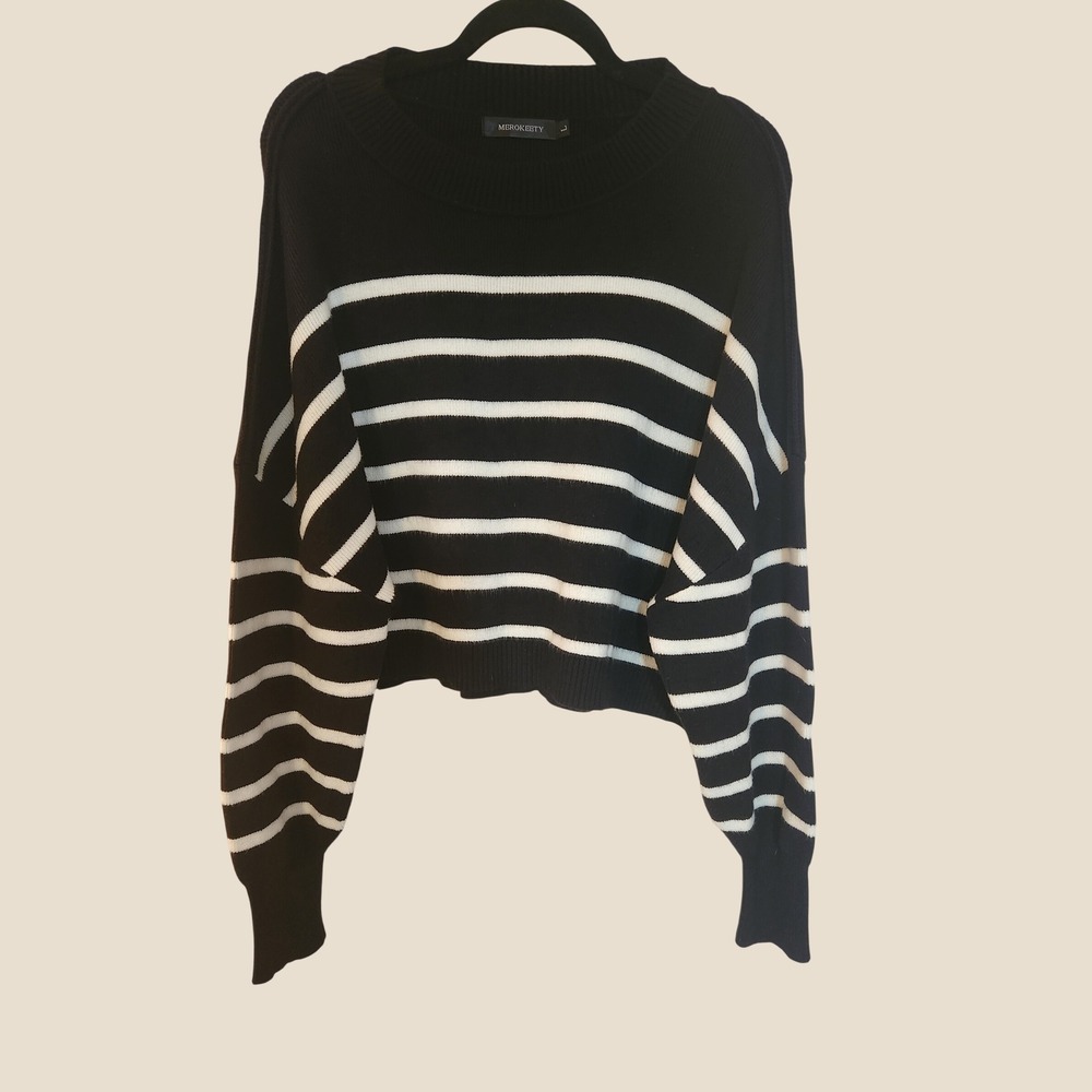 MEROKEETY Navy and White Stipped Cropped Crewneck Ribbed Knit Sweater Size L